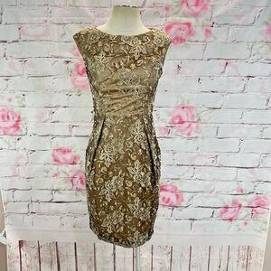Sue Wong Women's Laced Cap Sleeve Sheath Cocktail Party Dress Gold Size 4